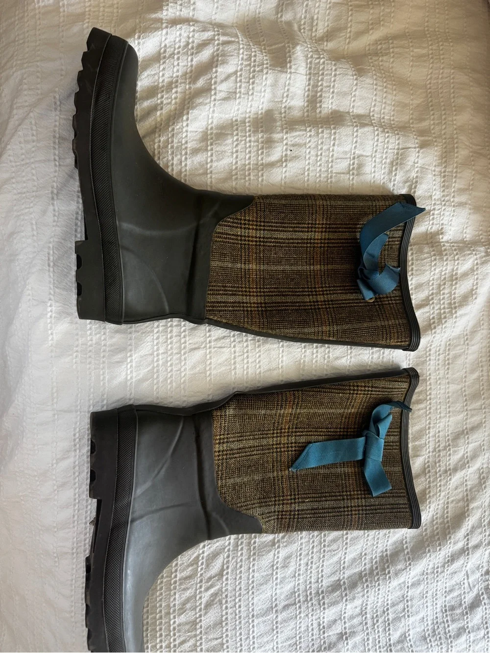 Plaid Rain Boots with Blue Ribbon Detail j crew
